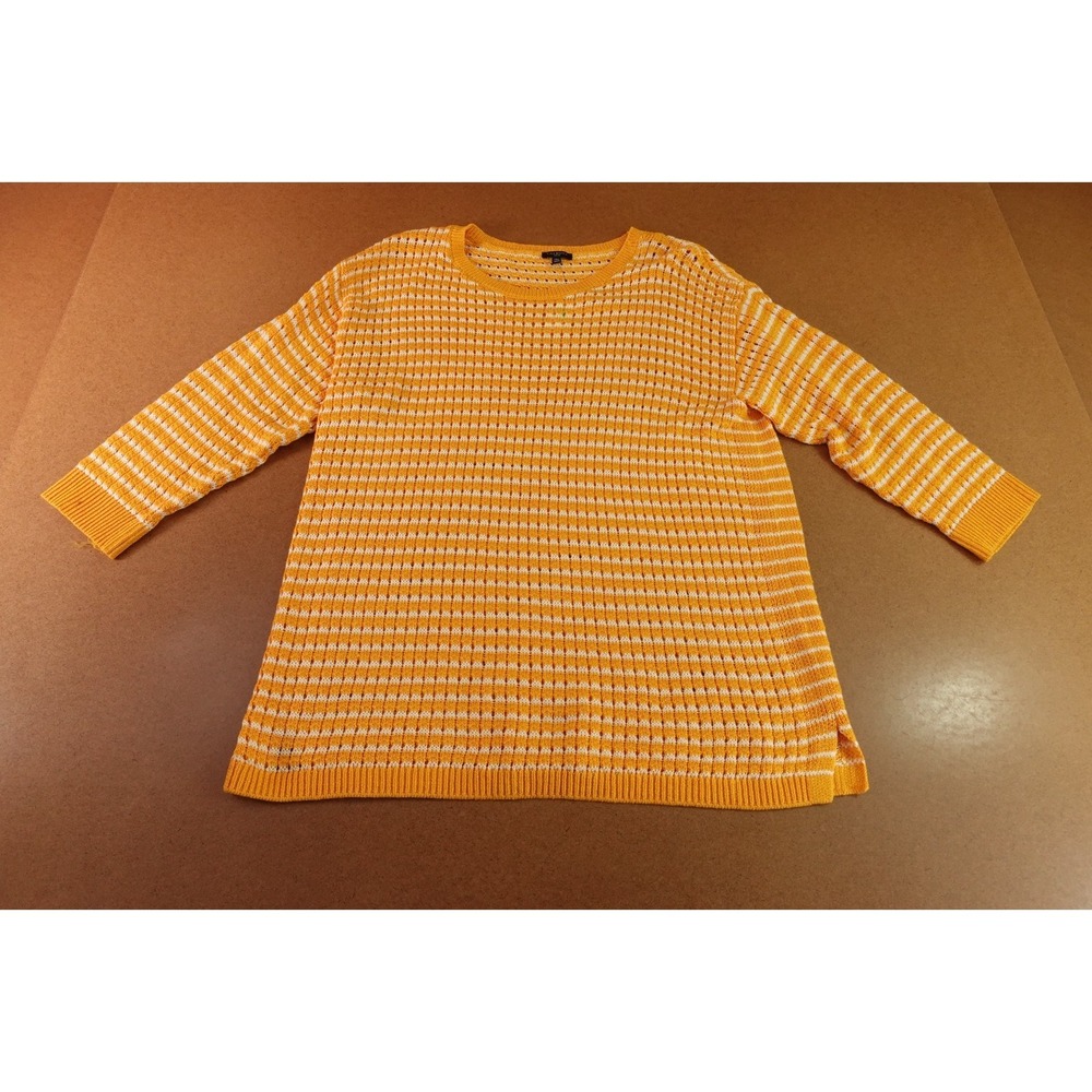 Talbots Womens Petite X-Large Yellow White Striped 3/4 Sleeve Tunic Sweater NWT